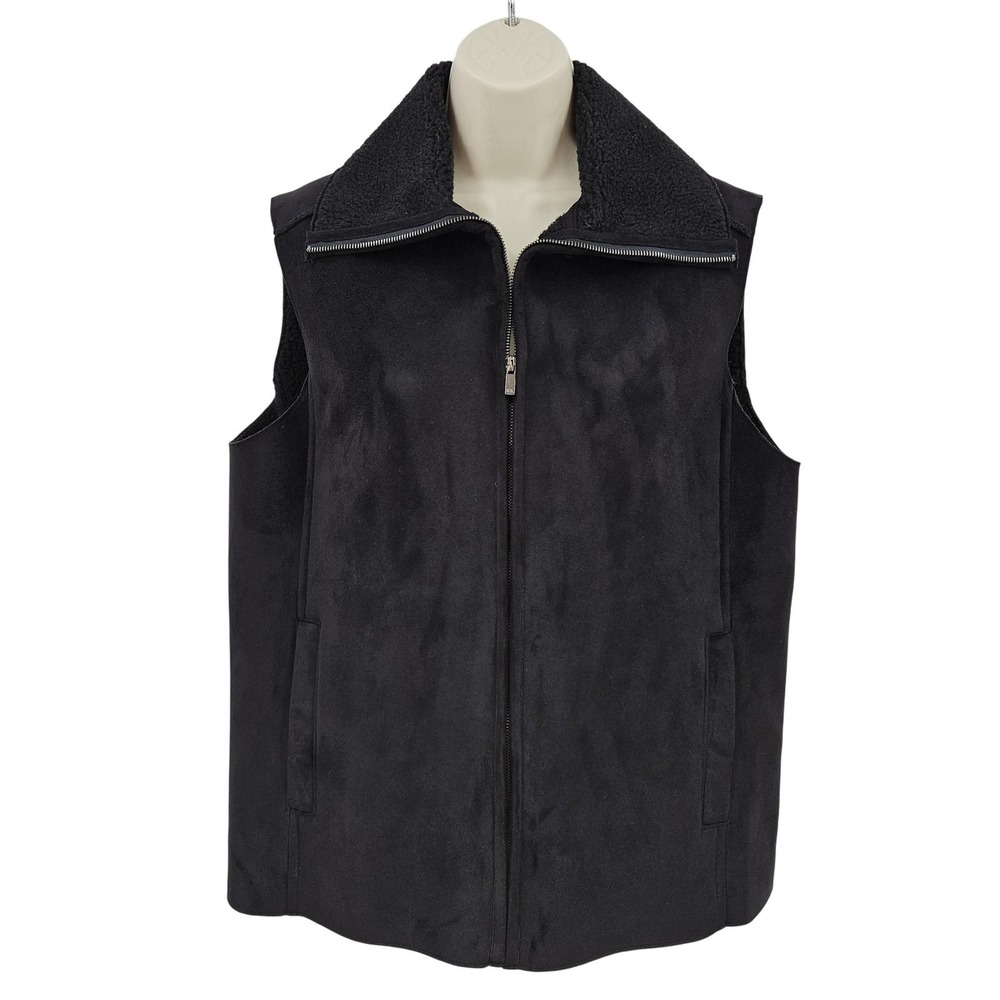 VTG Lauren Ralph Lauren Vest Women‎ L Black Sherpa Lined Fleece Outerwear Cozy